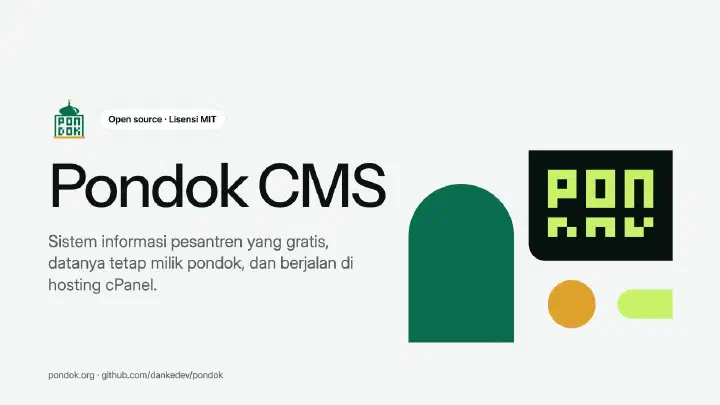 Slide 1 presentasi: judul Pondok CMS dengan logo kubah dan keterangan sistem informasi pesantren gratis berlisensi MIT